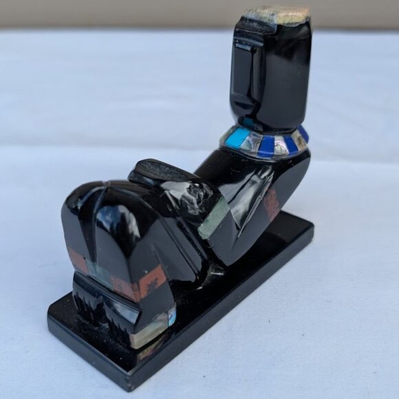 Carved Obsidian Inlayed with Semi  Precious Stones Mayan Figure - Picture 5 of 10